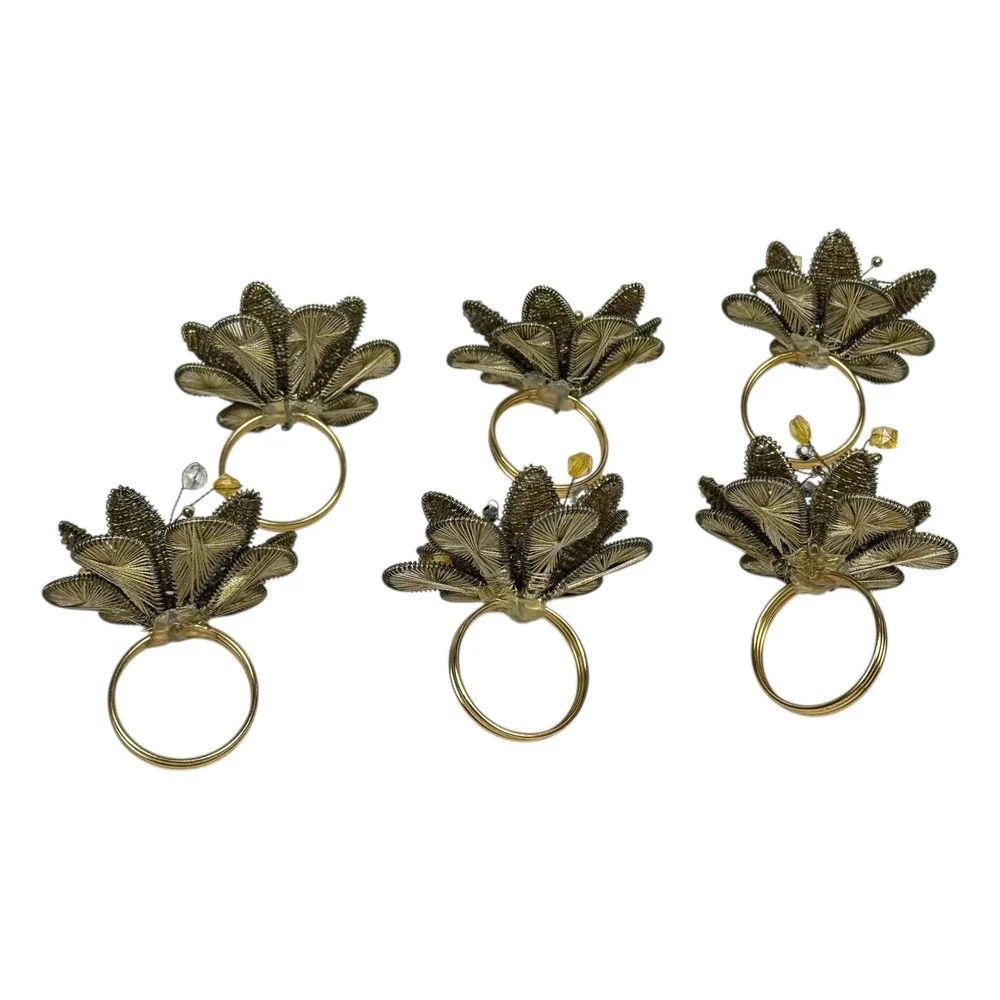 Pier 1 Beaded Metal Flower Napkin Ring Set‎ Of 6 Gold Tone Yellow Spun Wire